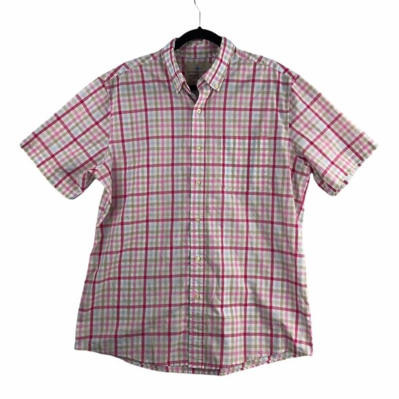 Saddlebred Mens Dress Casual Shirt Large Pink Plaid Short Sleeve Button Up - Picture 1 of 7